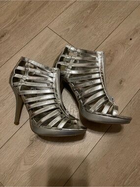 Metallic Silver Strappy High-Heel Sandals